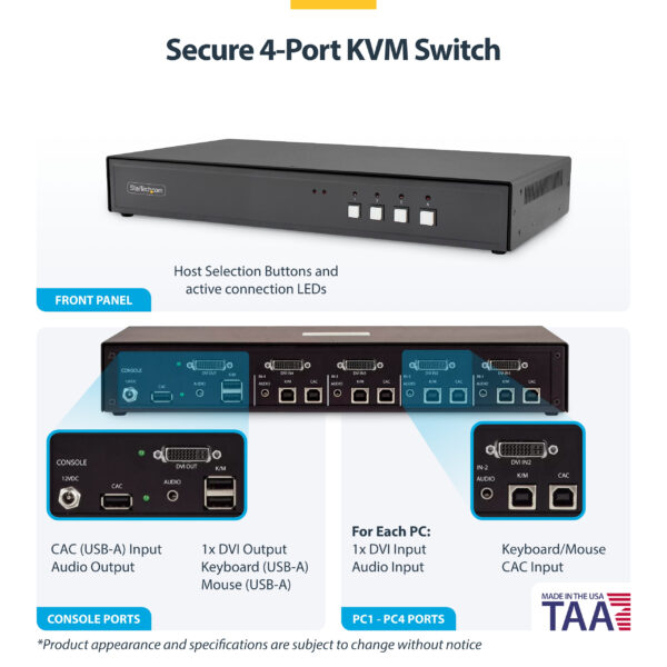StarTech.com Secure 4-Port KVM Switch, DVI, NIAP 4.0 Desktop KVM for Keyboard / Mouse, Metal Housing, CAC Port, Made in the USA