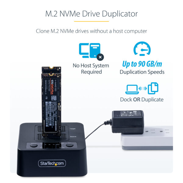 StarTech.com 1:1 M.2 NVMe Drive Duplicator, Standalone M.2 SSD Cloner/Copier up to 90GBpm, USB 3.2 20Gbps M.2 Dual-Bay Drive Dock, USB-C/A Cables Included