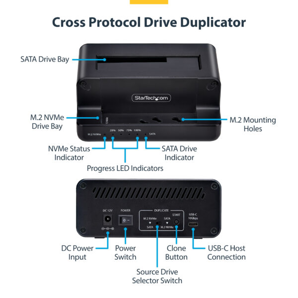 StarTech.com M.2 NVMe to 2.5/3.5" SATA Drive Duplicator, Dual Bay Standalone SSD Cloner/Drive Dock, Bidirectional NVMe to SATA / SATA to NVMe, Up to 27GBpm, TAA