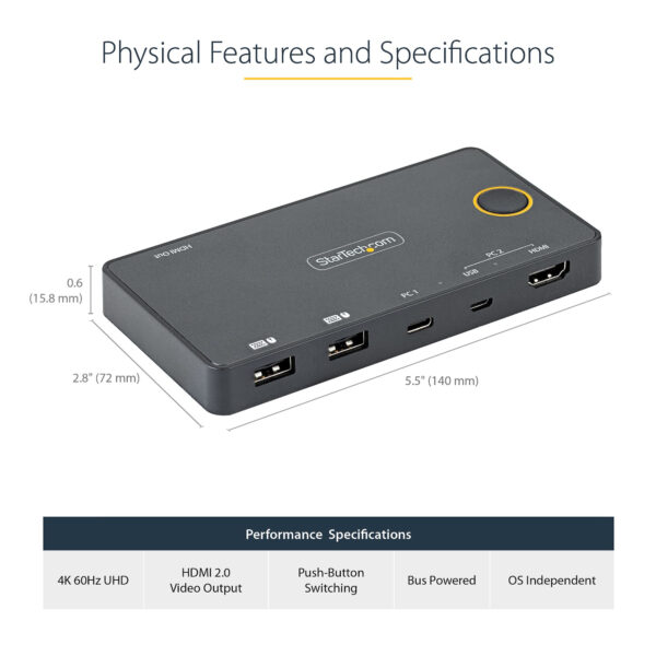 93871970_4230629305.jpg StarTech.com 2 Port Hybrid USB-A + HDMI & USB-C KVM Switch - Single 4K 60Hz HDMI 2.0 Monitor - Compact Desktop and/or Laptop HDMI KVM Switch - USB Bus Powered - Thunderbolt 3 Compatible
