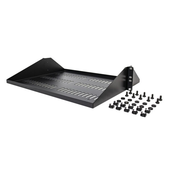 97229482_3730319328.jpg StarTech.com 2U Server Rack Shelf, Center Mounted Universal Vented Rackmount Cantilever Tray for 19" Network Equipment Rack, Heavy Duty Steel, 200lb Capacity, 14" Deep, Black