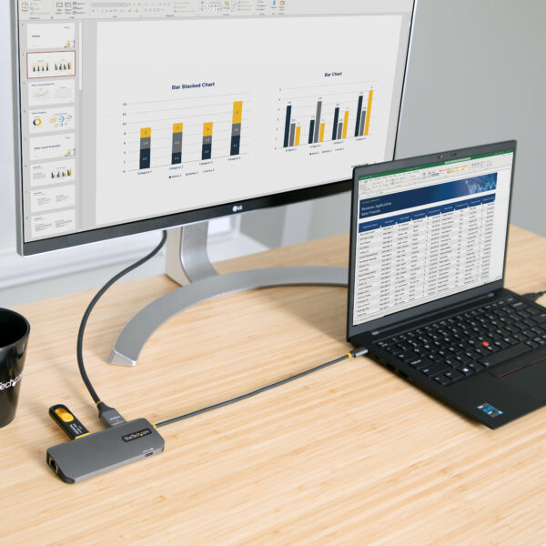 99699288_7286437965.jpg StarTech.com USB C Multiport Adapter, 4K 60Hz HDMI Video, 3 Port 5Gbps USB Hub, 100W Power Delivery Pass-Through, GbE, 12"/30cm Cable, Mini Travel Dock, Laptop Docking Station