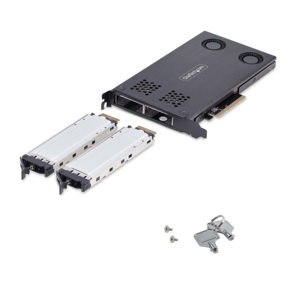 9be40b0541e9c1a086d7dba0ff099916fd53fc8e.jpg StarTech.com Dual-Bay M.2 NVMe SSD to PCIe x8 Removable Mobile Rack; Bifurcation Required; Tool-less Installation, PCIe Backplane w/Two Hot-Swap Drive Bays