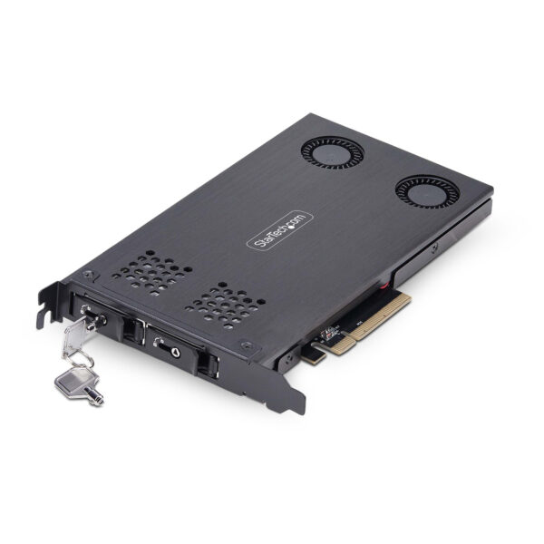 a8bb35188950251c7e15a560e0293652ddff1c76.jpg StarTech.com Dual-Bay M.2 NVMe SSD to PCIe x8 Removable Mobile Rack; Bifurcation Required; Tool-less Installation, PCIe Backplane w/Two Hot-Swap Drive Bays