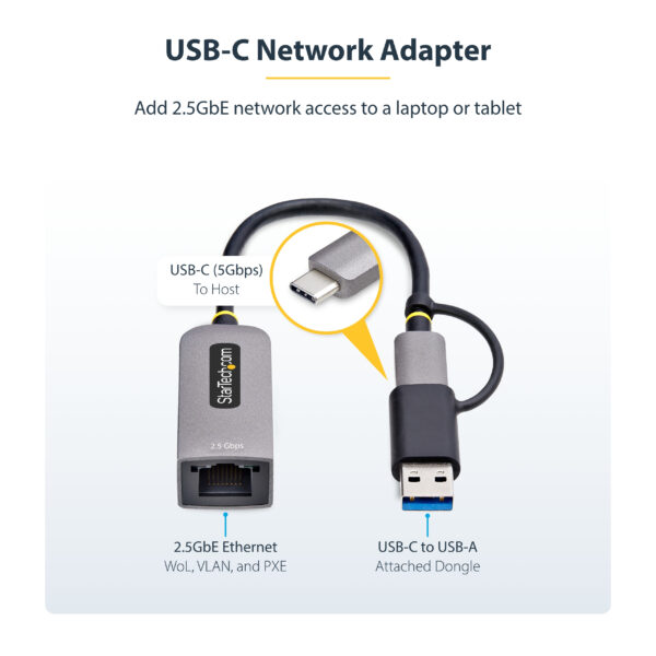 aa2c6f47d68e5253d8f476dc206457f3186edb6a.jpg StarTech.com 2.5GbE USB-C to Ethernet Adapter with USB-A Converter, NBASE-T NIC, USB 3.0 Type-C 2.5/1G Multi Speed Network, Thunderbolt Compatible, Windows & Mac