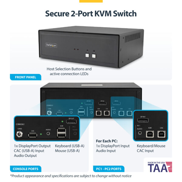 aaa3856508f5e262365756ee14176d9c999b2a3e.jpg StarTech.com Secure 2-Port KVM Switch, DisplayPort, 4K 30Hz, NIAP 4.0 Desktop KVM, Metal Housing, CAC Port, Made in the USA