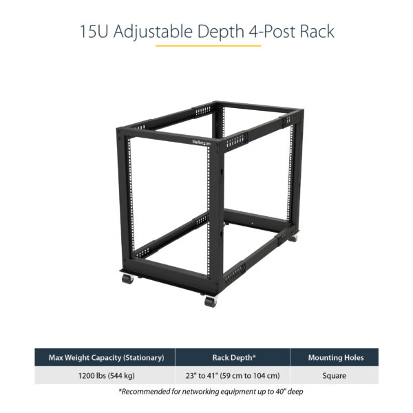 StarTech.com 4-Post 15U Mobile Open Frame Server Rack, Four Post 19" Network Rack with Wheels, Rolling Rack with Adjustable Depth for Computer/AV/Data/IT Equipment - Casters, Leveling Feet or Floor Mounting