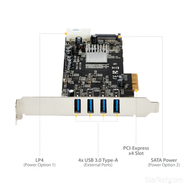 c15f8d3f7c8532062b6b13272b4ac489.jpg StarTech.com 4 Port USB 3.0 PCIe Card w/ 4 Dedicated 5Gbps Channels (USB 3.1 Gen 1) - UASP - SATA / LP4 Power - PCI Express Adapter Card