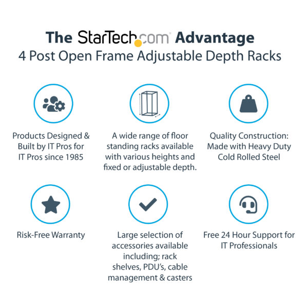 StarTech.com 4-Post 42U Mobile Open Frame Server Rack, Four Post 19" Network Rack with Wheels, Rolling Rack with Adjustable Depth for Computer/AV/Data/IT Equipment - Casters, Leveling Feet or Floor Mounting