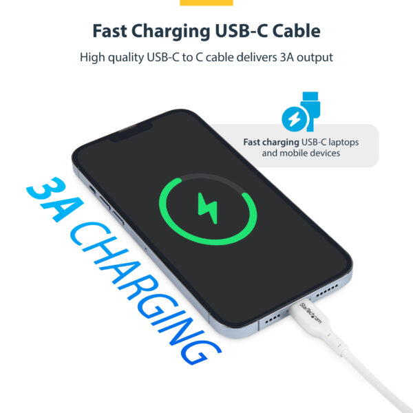 StarTech.com 1m (3.3ft) White USB-C Charging Cable, USB C Cable, USB 2.0 Type-C Laptop Charger Cord, 60W 3A Power Delivery, TPE Jacket, USB-C Data Transfer Cable, M/M