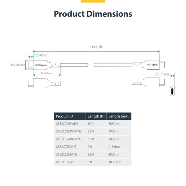 StarTech.com 1m (3.3ft) White USB-C Charging Cable, USB C Cable, USB 2.0 Type-C Laptop Charger Cord, 60W 3A Power Delivery, TPE Jacket, USB-C Data Transfer Cable, M/M