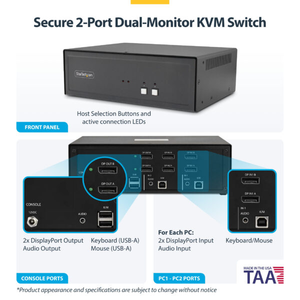 e268170f10cc257a54b9dea0927ac075f03cf80b.jpg StarTech.com Secure 2-Port Dual-Monitor KVM Switch, DisplayPort, 4K 30Hz, NIAP 4.0 Desktop KVM, Metal Housing, Made in the USA