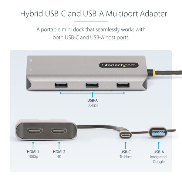 e84599d480a22d0034c240f612cdea3a.jpg StarTech.com USB-C Multiport Adapter w/Attached USB-C to USB-A Dongle, Dual HDMI (4K30Hz/1080p60Hz), 3x USB-A 5Gbps, Mini Travel Dock, Laptop Docking Station, 1.3ft/40cm Cable