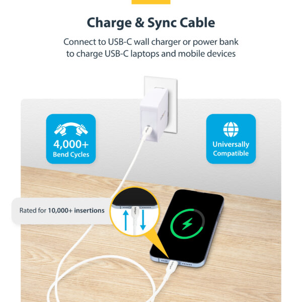 StarTech.com 1m (3.3ft) White USB-C Charging Cable, USB C Cable, USB 2.0 Type-C Laptop Charger Cord, 60W 3A Power Delivery, TPE Jacket, USB-C Data Transfer Cable, M/M
