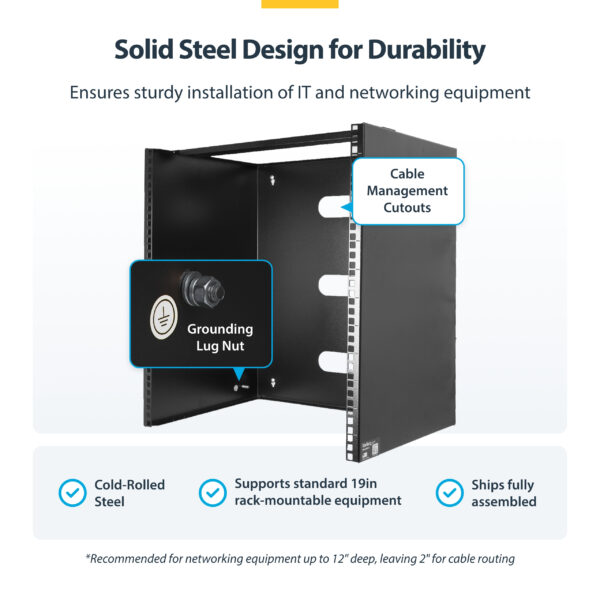 f7333a6e2a5696f2559d104fef182dc389cdb1f6.jpg StarTech.com 14U Wall Mount Network Rack - 14 Inch Deep (Low Profile) - 19" Patch Panel Bracket for Shallow Server, IT Equipment, Network Switches - 77lbs/35kg Weight Cap., Black